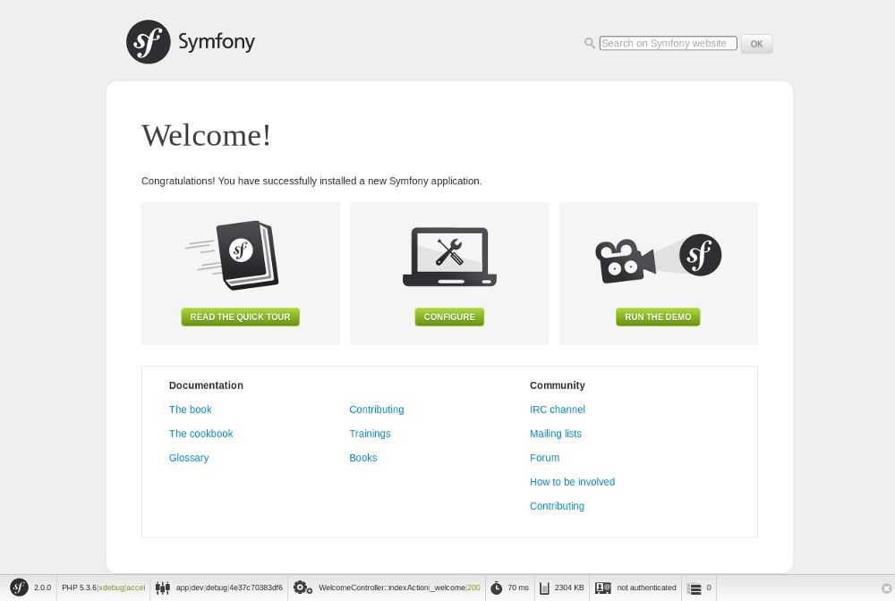 Page d'accueil de Symfony2